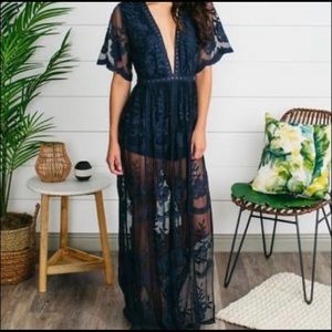 Honey Punch Lace Maxi Romper in navy blue